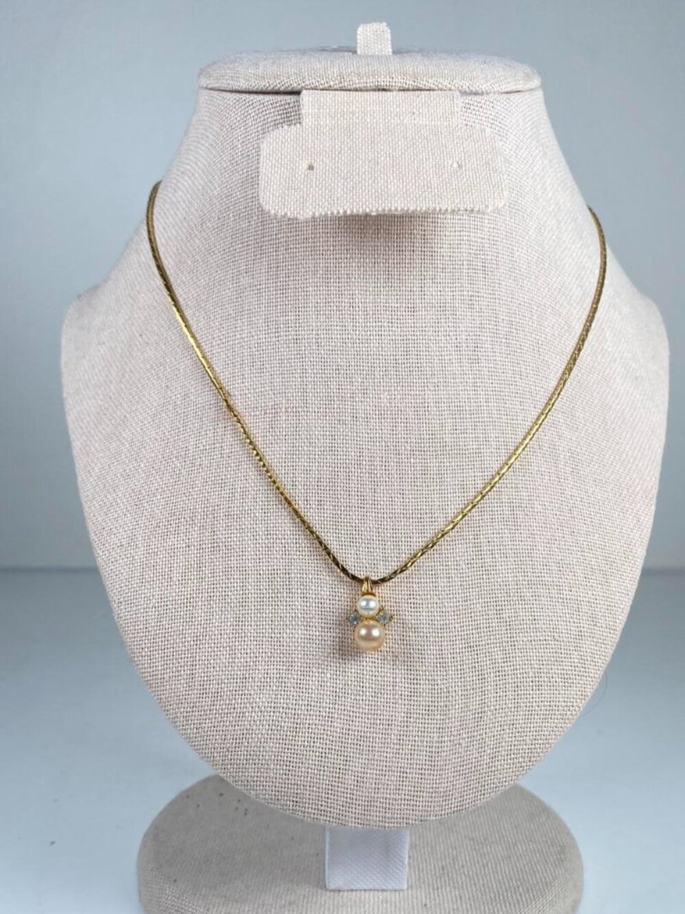 Vintage 80s Designer Faux Pearl + Rhinestone Pendant Necklace